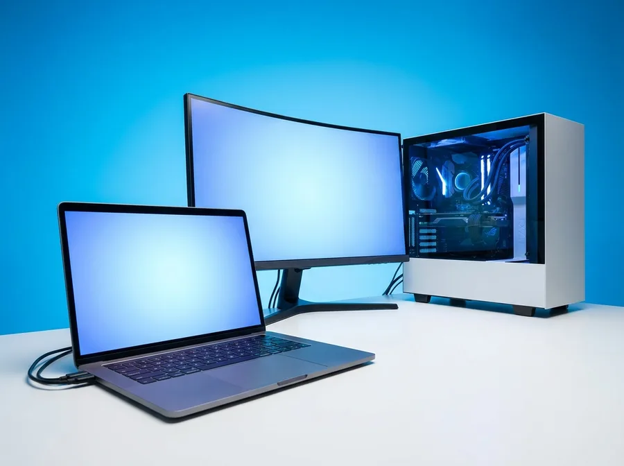 Laptop y computadora de escritorio en servicio técnico