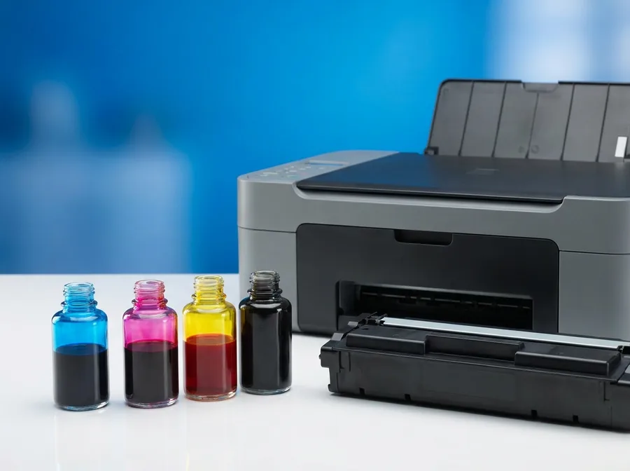 Impresora y botellas de tinta de colores en servicio técnico Tijuana